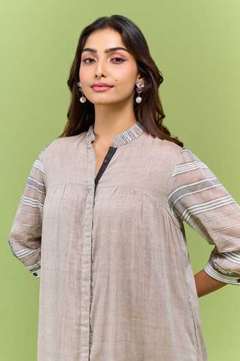 Nakita Singh Grey Cotton Mandarin Collar Handwoven Frill Hem Dress at Aza Fashions Nakita Singh_Grey Cotton Mandarin Collar Handwoven Frill Hem Dress _at_Aza_Fashions