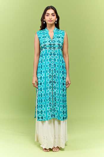 Shop_Gopi Vaid_Blue Cotton Mandarin Collar Embroidered Yoke Kurta _Online_at_Aza_Fashions