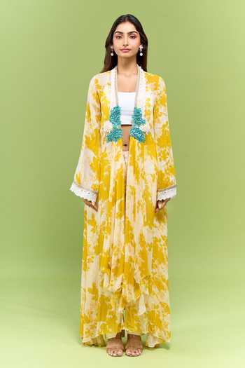 Varun Bahl White Georgette Open Neck Floral Print Long Shrug Online at Aza Fashions Varun Bahl_White Georgette Open Neck Floral Print Long Shrug _Online_at_Aza_Fashions