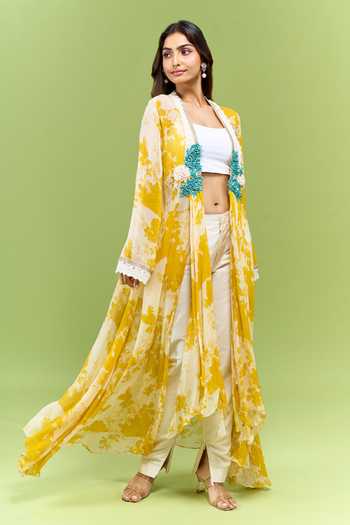 Buy Varun Bahl White Georgette Open Neck Floral Print Long Shrug Online at Aza Fashions Buy_Varun Bahl_White Georgette Open Neck Floral Print Long Shrug _Online_at_Aza_Fashions