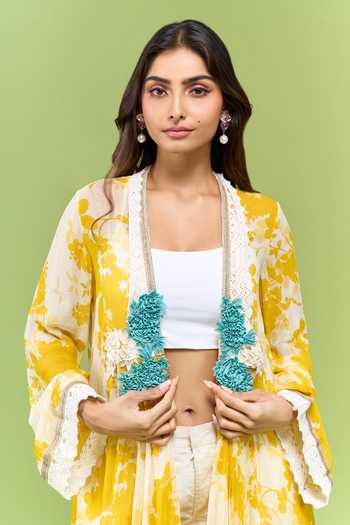Varun Bahl White Georgette Open Neck Floral Print Long Shrug at Aza Fashions Varun Bahl_White Georgette Open Neck Floral Print Long Shrug _at_Aza_Fashions