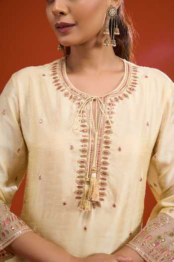 Shop Label Niti Bothra Yellow Silk Round Neck, Yes Embroidered Kurta Online at Aza Fashions Shop_Label Niti Bothra_Yellow Silk Round Neck, Yes Embroidered Kurta _Online_at_Aza_Fashions