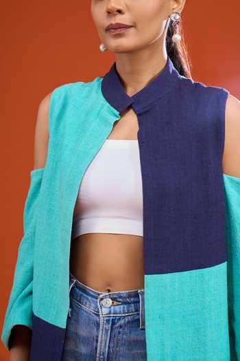 Buy Urvashi Joneja Blue Mandarin Collar Color Block Jute Jacket Online at Aza Fashions Buy_Urvashi Joneja_Blue Mandarin Collar Color Block Jute Jacket _Online_at_Aza_Fashions