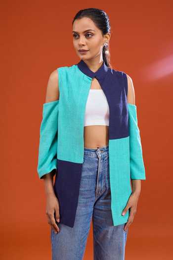 Shop Urvashi Joneja Blue Mandarin Collar Color Block Jute Jacket Online at Aza Fashions Shop_Urvashi Joneja_Blue Mandarin Collar Color Block Jute Jacket _Online_at_Aza_Fashions