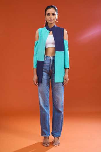 Urvashi Joneja Blue Mandarin Collar Color Block Jute Jacket at Aza Fashions Urvashi Joneja_Blue Mandarin Collar Color Block Jute Jacket _at_Aza_Fashions