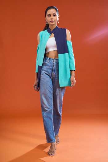 Buy Urvashi Joneja Blue Mandarin Collar Color Block Jute Jacket Buy_Urvashi Joneja_Blue Mandarin Collar Color Block Jute Jacket