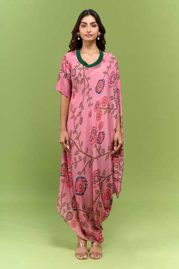 Buy Urvashi Joneja Pink Silk V-neck Floral Print Cowl Draped Dress Online at Aza Fashions Buy_Urvashi Joneja_Pink Silk V-neck Floral Print Cowl Draped Dress _Online_at_Aza_Fashions