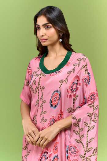 Shop Urvashi Joneja Pink Silk V-neck Floral Print Cowl Draped Dress Online at Aza Fashions Shop_Urvashi Joneja_Pink Silk V-neck Floral Print Cowl Draped Dress _Online_at_Aza_Fashions