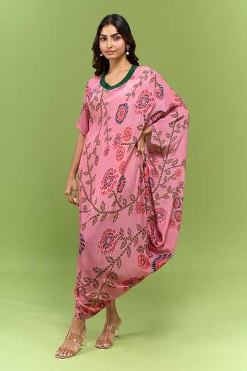 Urvashi Joneja Pink Silk V-neck Floral Print Cowl Draped Dress at Aza Fashions Urvashi Joneja_Pink Silk V-neck Floral Print Cowl Draped Dress _at_Aza_Fashions