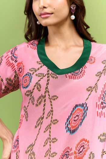 Buy Urvashi Joneja Pink Silk V-neck Floral Print Cowl Draped Dress Buy_Urvashi Joneja_Pink Silk V-neck Floral Print Cowl Draped Dress