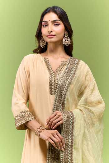 Naaz By Noor Beige Cotton V-neck, Yes Embroidered Kurta Set Online at Aza Fashions Naaz By Noor_Beige Cotton V-neck, Yes Embroidered Kurta Set _Online_at_Aza_Fashions