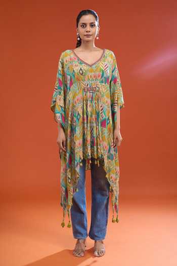 Buy Chaashni By Maansi And Ketan Multi Color Chinon V-neck Geometric Print Kaftan Online at Aza Fashions Buy_Chaashni By Maansi And Ketan_Multi Color Chinon V-neck Geometric Print Kaftan _Online_at_Aza_Fashions