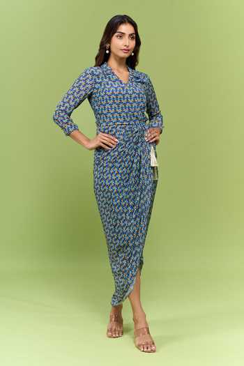 Soup By Sougat Paul Blue Silk V-neck Geometric Print Wrap Style Dress Online at Aza Fashions Soup By Sougat Paul_Blue Silk V-neck Geometric Print Wrap Style Dress _Online_at_Aza_Fashions