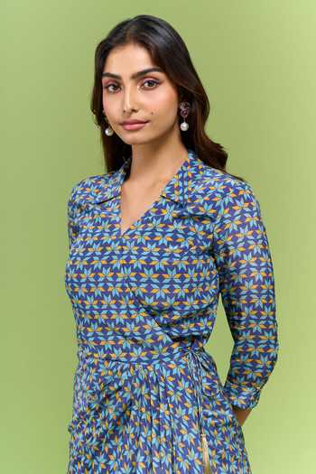 Buy Soup By Sougat Paul Blue Silk V-neck Geometric Print Wrap Style Dress Online at Aza Fashions Buy_Soup By Sougat Paul_Blue Silk V-neck Geometric Print Wrap Style Dress _Online_at_Aza_Fashions