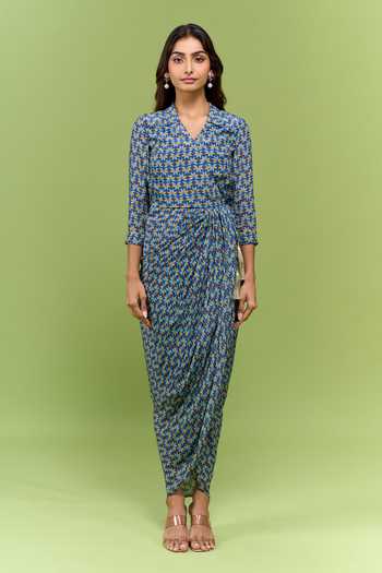Shop Soup By Sougat Paul Blue Silk V-neck Geometric Print Wrap Style Dress Online at Aza Fashions Shop_Soup By Sougat Paul_Blue Silk V-neck Geometric Print Wrap Style Dress _Online_at_Aza_Fashions