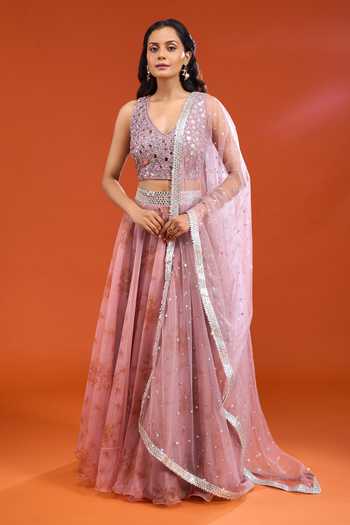 Gopi Vaid_Pink Organza V-neck Printed Lehenga Set _Online_at_Aza_Fashions