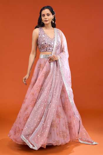 Buy_Gopi Vaid_Pink Organza V-neck Printed Lehenga Set _Online_at_Aza_Fashions