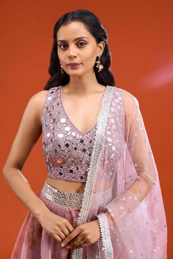 Shop_Gopi Vaid_Pink Organza V-neck Printed Lehenga Set _Online_at_Aza_Fashions
