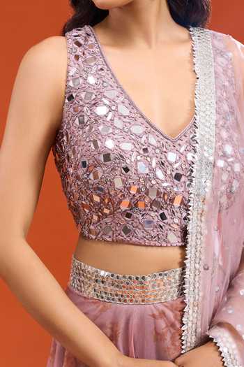 Gopi Vaid_Pink Organza V-neck Printed Lehenga Set _at_Aza_Fashions