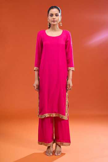 Shop Gulabo Jaipur Pink Rayon Scoop Neck Mirror Bordered Kurta Set Online at Aza Fashions Shop_Gulabo Jaipur_Pink Rayon Scoop Neck Mirror Bordered Kurta Set _Online_at_Aza_Fashions