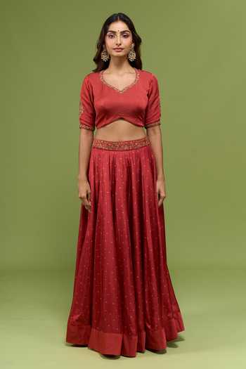 Label Varsha_Red Viscose V-neck Bandhani Print Lehenga Set _Online_at_Aza_Fashions
