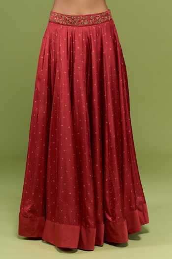 Buy_Label Varsha_Red Viscose V-neck Bandhani Print Lehenga Set _Online_at_Aza_Fashions