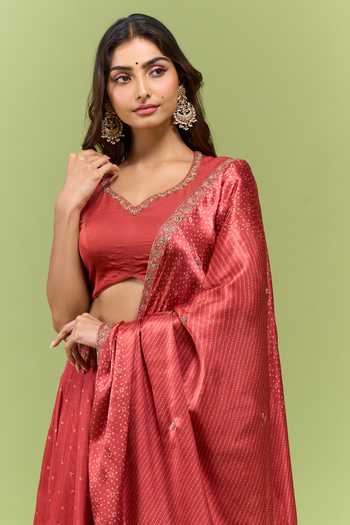 Shop_Label Varsha_Red Viscose V-neck Bandhani Print Lehenga Set _Online_at_Aza_Fashions