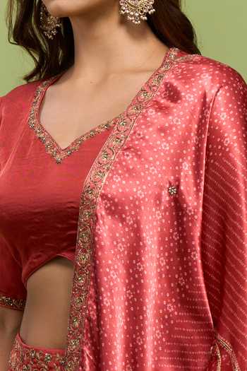Label Varsha_Red Viscose V-neck Bandhani Print Lehenga Set _at_Aza_Fashions