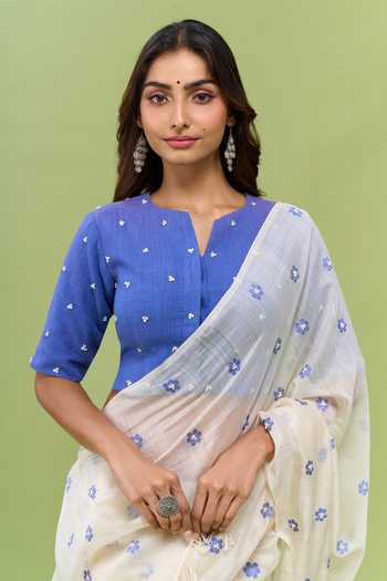 Kanelle White Silk, Cotton Split V-neck Champa Floral Butti Saree With Blouse Online at Aza Fashions Kanelle_White Silk, Cotton Split V-neck Champa Floral Butti Saree With Blouse _Online_at_Aza_Fashions