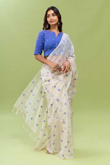 Shop Kanelle White Silk, Cotton Split V-neck Champa Floral Butti Saree With Blouse Online at Aza Fashions Shop_Kanelle_White Silk, Cotton Split V-neck Champa Floral Butti Saree With Blouse _Online_at_Aza_Fashions