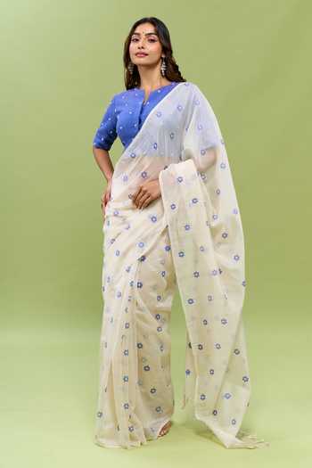 Kanelle White Silk, Cotton Split V-neck Champa Floral Butti Saree With Blouse at Aza Fashions Kanelle_White Silk, Cotton Split V-neck Champa Floral Butti Saree With Blouse _at_Aza_Fashions