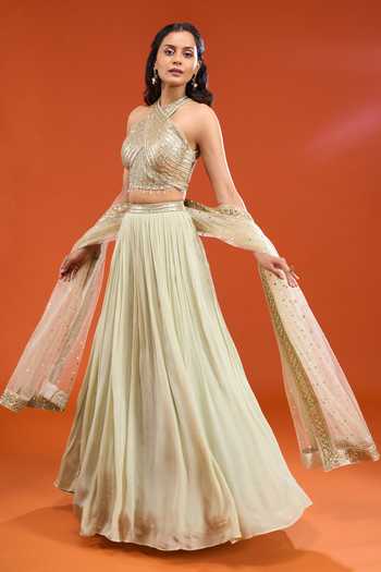 Basanti Kapde aur Koffee Green Georgette, Net Halter Neck Sequin Blouse Lehenga Set Online at Aza Fashions Basanti Kapde aur Koffee_Green Georgette, Net Halter Neck Sequin Blouse Lehenga Set _Online_at_Aza_Fashions