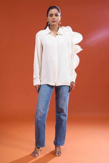 Shop_Varsha Wadhwa_Off White Georgette Collared Neck 3d Structured Ruffle Shirt _Online_at_Aza_Fashions