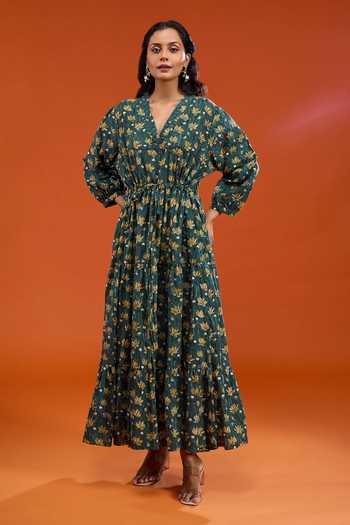 Rivaaj Clothing Green Cotton V-neck Floral Print Tie-up Dress Online at Aza Fashions Rivaaj Clothing_Green Cotton V-neck Floral Print Tie-up Dress _Online_at_Aza_Fashions