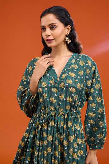 Rivaaj Clothing Green Cotton V-neck Floral Print Tie-up Dress at Aza Fashions Rivaaj Clothing_Green Cotton V-neck Floral Print Tie-up Dress _at_Aza_Fashions
