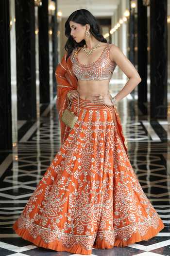 Buy Archana Kochhar Orange Silk, Organza, Net Scoop Neck Ainna Embroidered Lehenga Set Online at Aza Fashions Buy_Archana Kochhar_Orange Silk, Organza, Net Scoop Neck Ainna Embroidered Lehenga Set _Online_at_Aza_Fashions