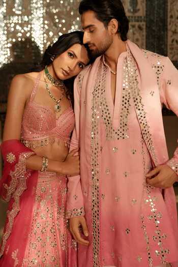 Shop_Archana Kochhar_Pink Silk, Organza Halter Neck, Sweetheart Ainna Embroidered Ombre Lehenga Set _Online_at_Aza_Fashions