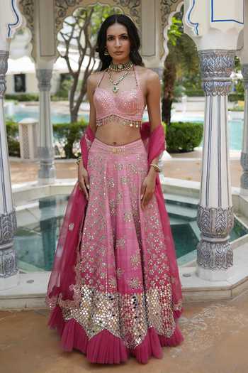 Archana Kochhar Pink Silk, Organza Halter Neck, Sweetheart Ainna Embroidered Ombre Lehenga Set at Aza Fashions Archana Kochhar_Pink Silk, Organza Halter Neck, Sweetheart Ainna Embroidered Ombre Lehenga Set _at_Aza_Fashions