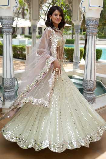 Shop Archana Kochhar Green Organza Sweetheart Neck Ainna Mint Mirror Work Lehenga Set Shop_Archana Kochhar_Green Organza Sweetheart Neck Ainna Mint Mirror Work Lehenga Set