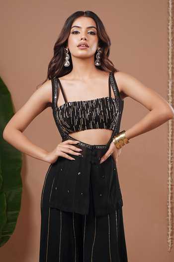 Shop_Ahi Clothing_Black Georgette, Crepe Sequins, Beads Square Embroidered Short Kurta Palazzo Set 