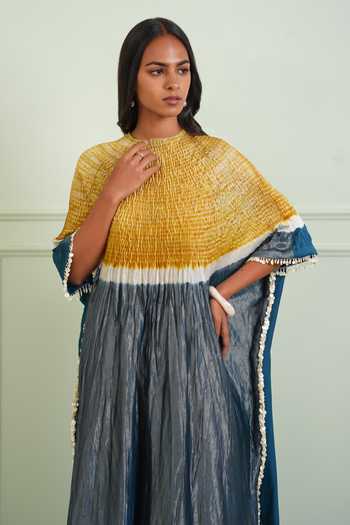 Twenty Nine Yellow Chanderi, Tissue Round Neck Shibori Kaftan Online at Aza Fashions Twenty Nine_Yellow Chanderi, Tissue Round Neck Shibori Kaftan _Online_at_Aza_Fashions