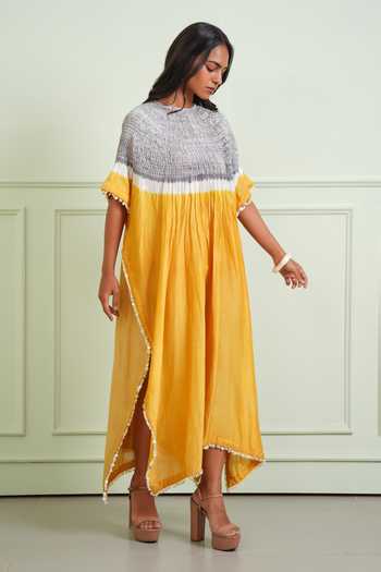 Twenty Nine Yellow Chanderi, Tissue Round Neck Shibori Kaftan Online at Aza Fashions Twenty Nine_Yellow Chanderi, Tissue Round Neck Shibori Kaftan _Online_at_Aza_Fashions