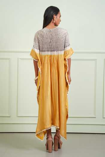 Buy Twenty Nine Yellow Chanderi, Tissue Round Neck Shibori Kaftan Online at Aza Fashions Buy_Twenty Nine_Yellow Chanderi, Tissue Round Neck Shibori Kaftan _Online_at_Aza_Fashions