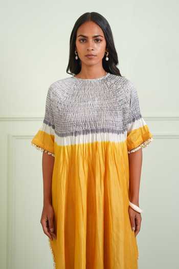 Shop Twenty Nine Yellow Chanderi, Tissue Round Neck Shibori Kaftan Online at Aza Fashions Shop_Twenty Nine_Yellow Chanderi, Tissue Round Neck Shibori Kaftan _Online_at_Aza_Fashions