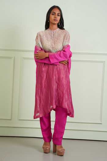 Twenty Nine_Pink Chanderi, Tissue Mandarin Collar Shibori Kurta _Online_at_Aza_Fashions