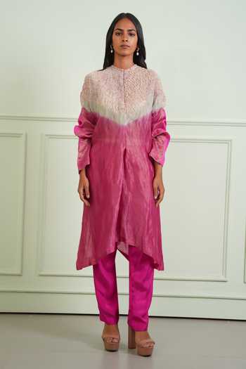 Buy_Twenty Nine_Pink Chanderi, Tissue Mandarin Collar Shibori Kurta _Online_at_Aza_Fashions