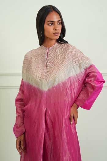 Shop_Twenty Nine_Pink Chanderi, Tissue Mandarin Collar Shibori Kurta _Online_at_Aza_Fashions