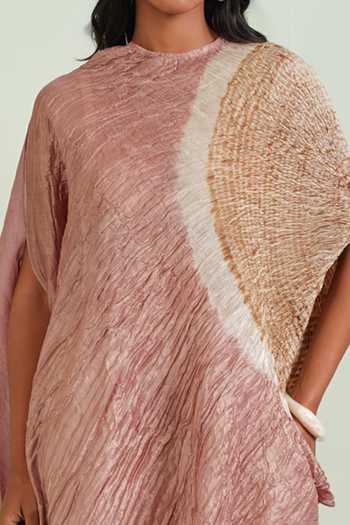 Shop Twenty Nine Pink Chanderi, Tissue Round Neck Shibori Asymmetric Dress Shop_Twenty Nine_Pink Chanderi, Tissue Round Neck Shibori Asymmetric Dress