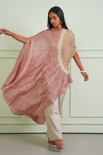 Shop Twenty Nine Pink Chanderi, Tissue Round Neck Shibori Asymmetric Dress Shop_Twenty Nine_Pink Chanderi, Tissue Round Neck Shibori Asymmetric Dress