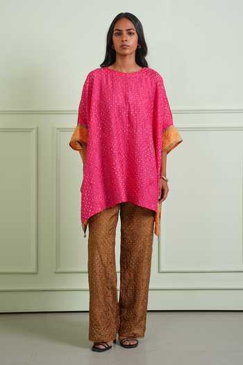 Twenty Nine Pink Silk Round Neck Crushed Bandhani Wide Sleeves Tunic Online at Aza Fashions Twenty Nine_Pink Silk Round Neck Crushed Bandhani Wide Sleeves Tunic _Online_at_Aza_Fashions
